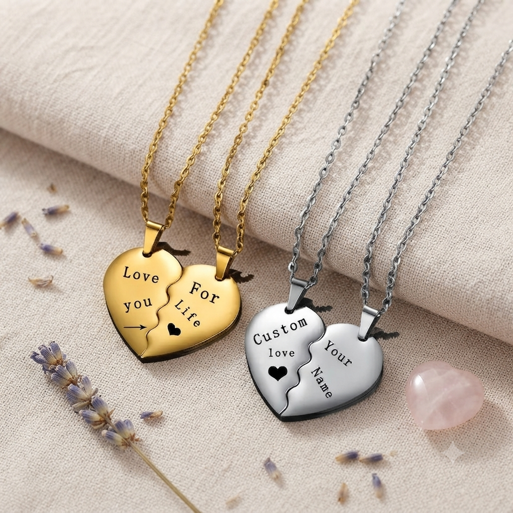 Personalized Couple Heart Necklace Set