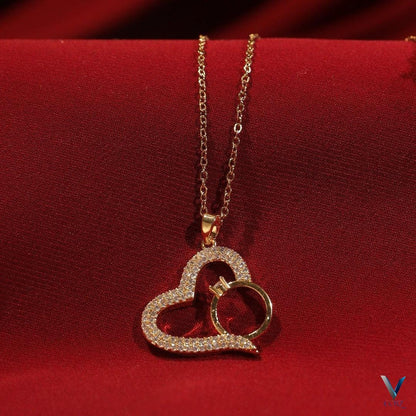 CZ Diamond Heart & Ring Pendant Necklace | Gold Bridal Jewelry