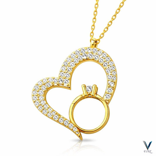 CZ Diamond Heart & Ring Pendant Necklace | Gold Bridal Jewelry