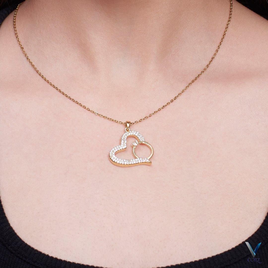 CZ Diamond Heart & Ring Pendant Necklace | Gold Bridal Jewelry