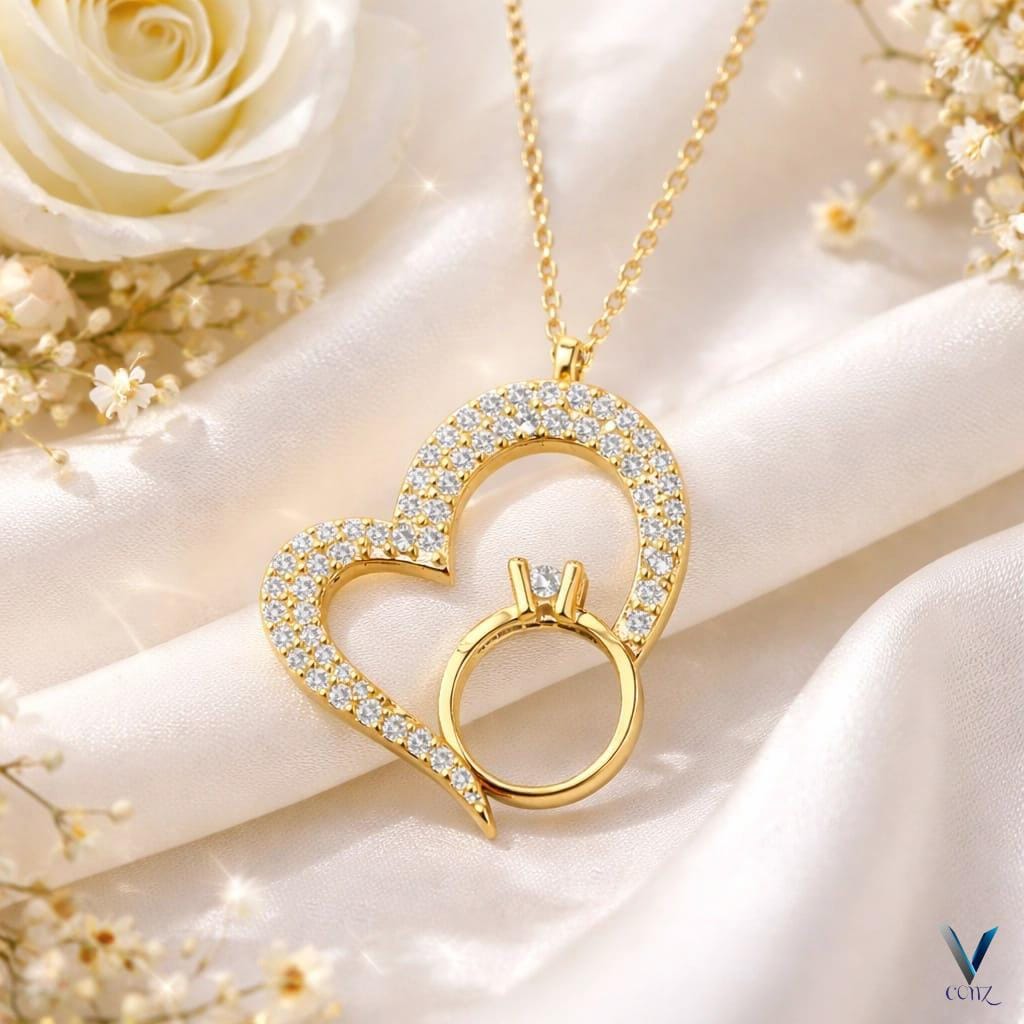 CZ Diamond Heart & Ring Pendant Necklace | Gold Bridal Jewelry