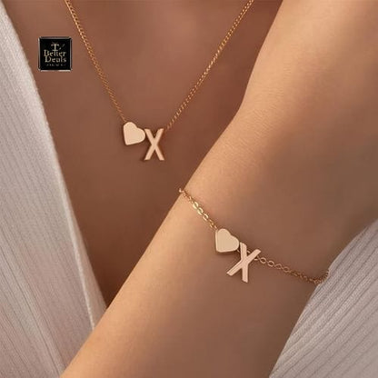 Personalized Initial Letter Heart Necklace & Bracelet Set