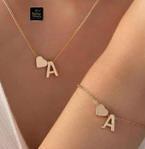 Personalized Initial Letter Heart Necklace & Bracelet Set