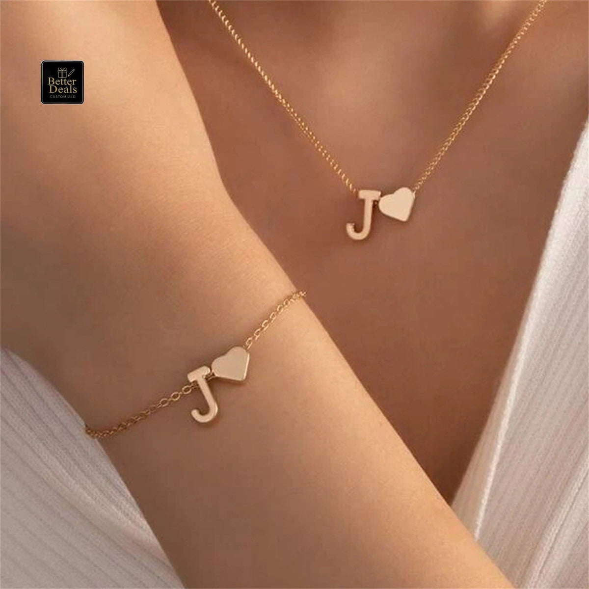 Personalized Initial Letter Heart Necklace & Bracelet Set