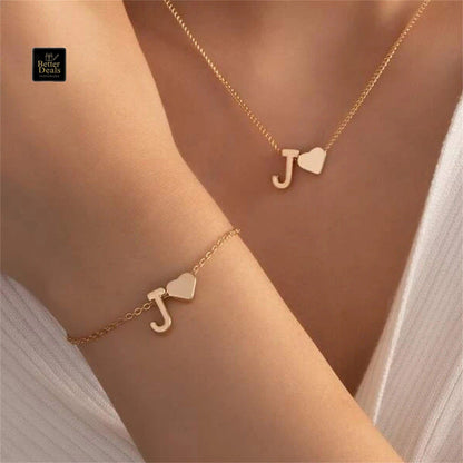 Personalized Initial Letter Heart Necklace & Bracelet Set