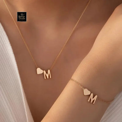 Personalized Initial Letter Heart Necklace & Bracelet Set