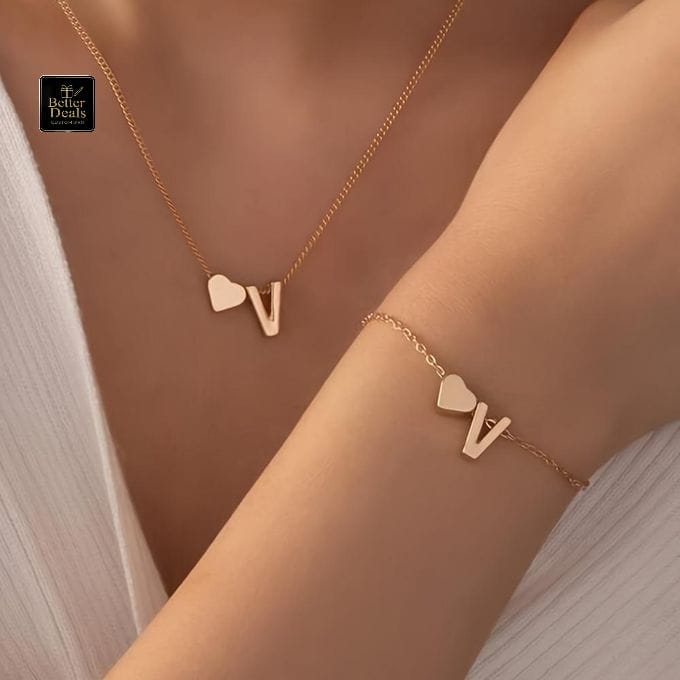 Personalized Initial Letter Heart Necklace & Bracelet Set